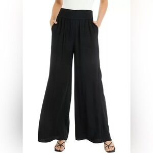 NWT Wonderly Women's Linen Like Wide Leg Swing Pants Black Elastic Waist Small